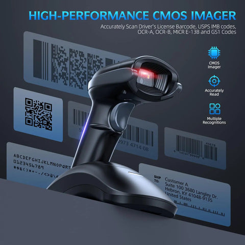 Bluetooth Barcode Scanner With USB Charging Cradle 1D 2D QR Reader For iOS Android Windows Mac OS Long Range Bluetooth 5.0 Omnidirectional Scanning Hands Free No Fuss Use And Tool Free Battery Replacement