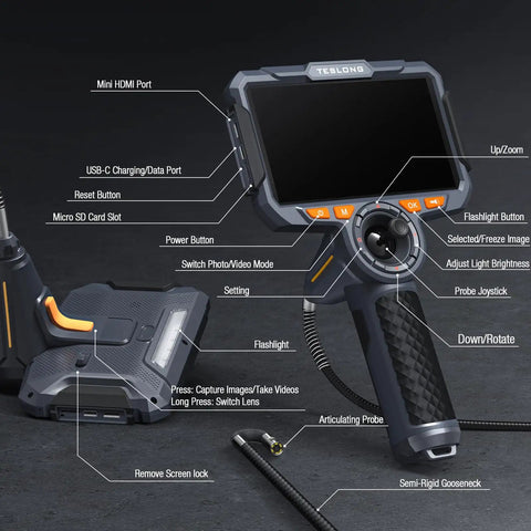 Detailed view of Four Way Articulating Borescope With Dual Lens Endoscope, 1080P HD Steerable Mechanic Inspection Camera controls and ports.