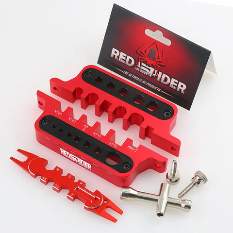 Pro Grade RC Soldering Station Jig Fixture With Ball End Remover Plus Multifunction Hex Socket Wrench Designed For XT60 XT90 Banana Plug Connectors Hustle Ready Build in red aluminum with tools.