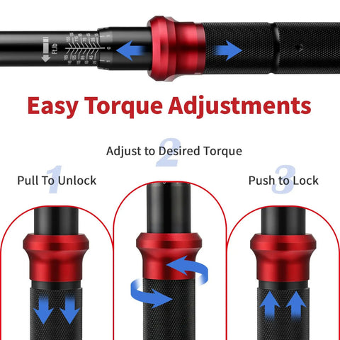 Beefy 3 In 1 Click Torque Wrench Set adjustment instructions with pull to unlock and push to lock steps displayed