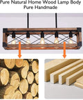 Farmhouse Linear Pendant Light For Kitchen Island And Dining Room, 5 Light Rustic Wood Grain Industrial Chandelier with wood detail