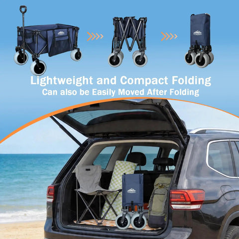 All Terrain Beach Wagon No Assembly Needed With 9x4 PU Wheels 200L Capacity 330lb Heavy Duty Collapsible Utility Cart in folded state