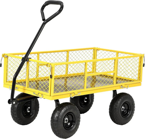 900 Lbs Heavy Duty Garden Wagon Cart With Steel Frame, Removable Mesh Sides, 10 Inch All Terrain Pneumatic Tires, Yellow