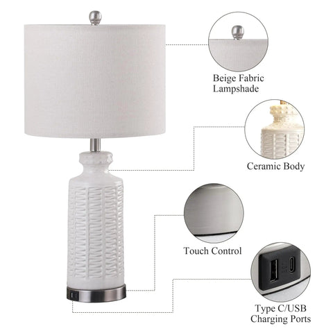 White Ceramic Table Lamps Set Of 2 With USB Charging Ports For A Cozy Modern Nightstand Vibe, beige shade, touch control