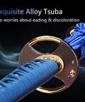 Close-up of exquisite alloy tsuba on Beast Mode Spring Steel Katana Hand Forged Plum Blossom Samurai Sword For Iaido Practice