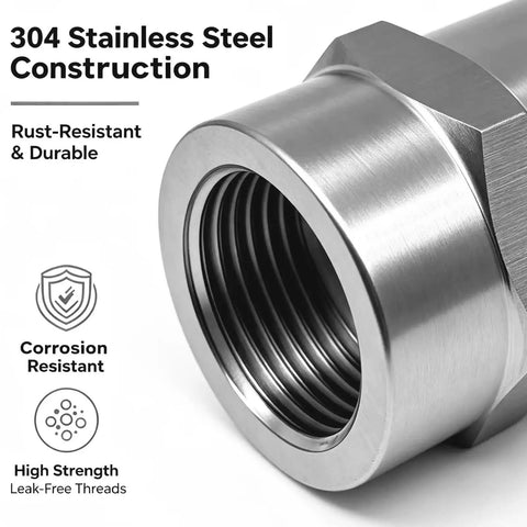Close-up of 304 Stainless Steel hex coupling, rust-resistant NPT female connector for plumbing setups.