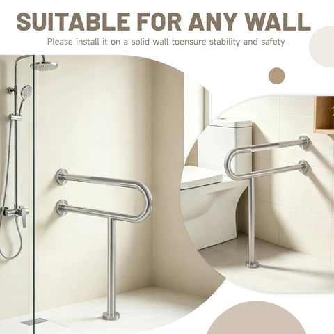 Rock Solid 32X28 Inch Brushed Nickel Toilet Grab Bar With T Shape Leg Heavy Duty 304 Stainless Steel Anti Slip Safety Rail next to a toilet.
