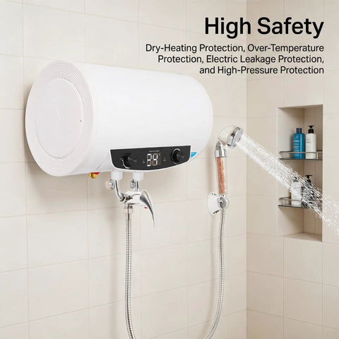 Wall Mounted Electric Tank Water Heater Boasts Kickin Hot Water Flow For Quick Showers And Cooking Tasks Featuring Fast Heating Elements And Spacious Capacity wall-mounted with digital display and water stream.