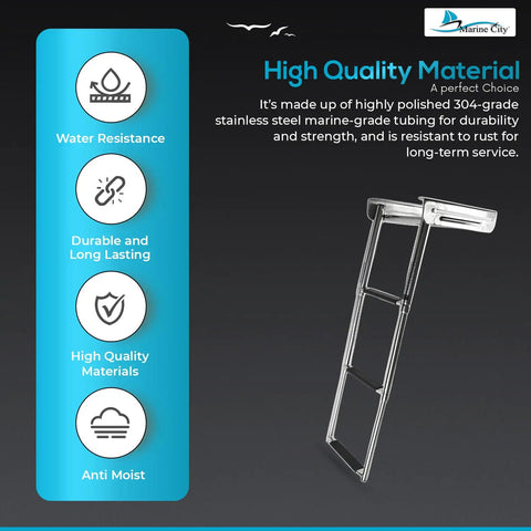 Heavy Duty 3 Step Telescoping Swim Platform Ladder Crafted From Marine Grade 304 Stainless Steel Featuring A Clean Flip Up Design Plus Grippy Non Skid Steps For Boats Yachts Pontoons That Will Absolutely Crush It - showing high-quality marine grade material.