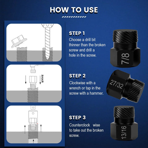 Pro Grade Heavy Duty Screw Extractor Set For Stripped Screws And Bolts Hex Head Multi Spline Easy Out Kit usage steps diagram