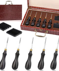 Leather Edge Beveler Set With Sandalwood Handles - 5 Size Skiving Kit, 2 Sharpener Guides displayed in open case