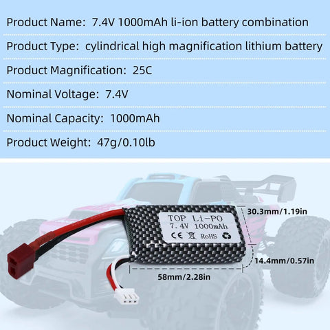 7.4V 1000mAh Li Ion Battery Pack For RC Trucks And Cars, 2 Pack 2S 25C With T Plug next to RC truck model