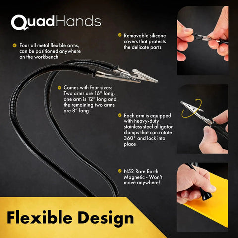Diagram showing features of Four Magnetic Gooseneck Arms Soldering Station on a sturdy steel base, highlighting flexible arm design.