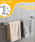 Slick Heavy Duty Towel Bar For Modern Bathroom With Premium Grade Brushed Nickel Finish Two Piece Split Wall Mount Rack Straight Up Built For Easy Hanging, with two towels hanging.