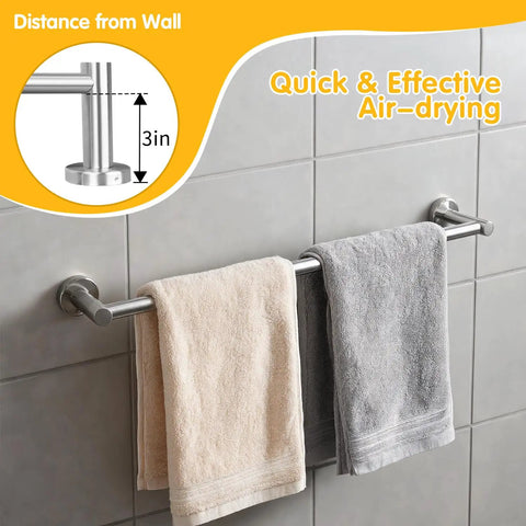 Slick Heavy Duty Towel Bar For Modern Bathroom With Premium Grade Brushed Nickel Finish Two Piece Split Wall Mount Rack Straight Up Built For Easy Hanging, with two towels hanging.