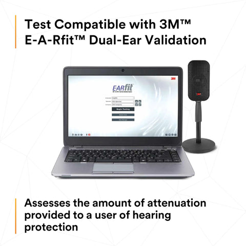 Overhead Hearing Protection Earmuffs With 30 dB NRR, Double Shell Steel Construction, shown with E A Rfit laptop test setup