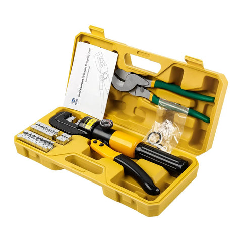 Beefy Heavy Duty Hydraulic Crimping Tool And Cable Cutter For 12 AWG To 2/0 AWG 10 Ton Battery Crimper With 9 Die Set in yellow case