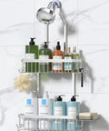 Rustproof Aluminum Shower Caddy Hanging Organizer with Two Tier Baskets Three Removable Hooks and Soap Dish in Bright Silver