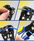 Collage of Self Adjusting Wire Stripper And Cutter 2 In 1 Heavy Duty Automatic Wire Stripping Tool in use on blue wire