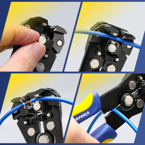 Collage of Self Adjusting Wire Stripper And Cutter 2 In 1 Heavy Duty Automatic Wire Stripping Tool in use on blue wire