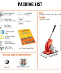 75mm Button Maker Kit With Punch Press For DIY Badges packing list including hex wrenches, circle cutter, and Mr. Panda Magic Book.