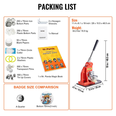 75mm Button Maker Kit With Punch Press For DIY Badges packing list including hex wrenches, circle cutter, and Mr. Panda Magic Book.