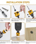 5-piece countersink and counterbore drill bit set with hex shanks, shown in installation steps with a yellow depth-stop collar