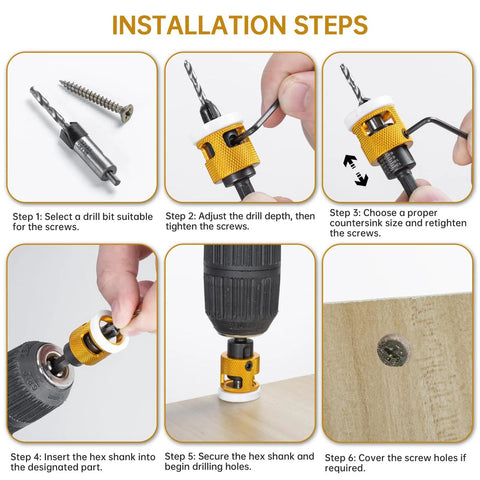 5-piece countersink and counterbore drill bit set with hex shanks, shown in installation steps with a yellow depth-stop collar