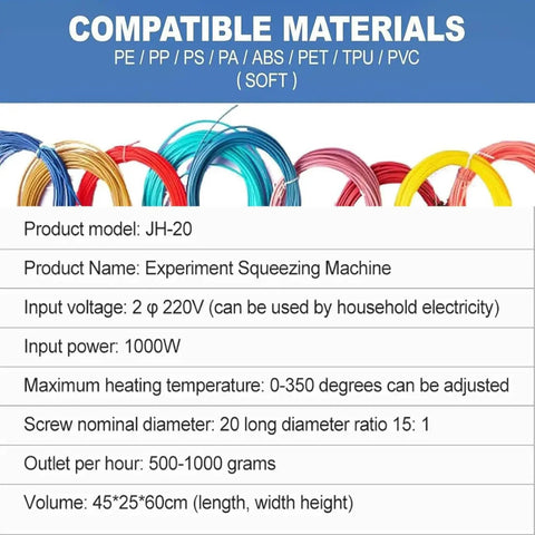 Image showing compatible materials for Powerful Desktop Pellet To Filament Extruder, 1000W Single Screw Machine With Pid Temp Control for DIY workshops.