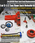 Floor Jack Seal Replacement Kit With O Ring For 3 Ton And 3 And A Half Ton Hydraulic Jacks Compatible With Sears Craftsman MVP And G 493LWM Rebuild Kit Includes All Seals For Complete Hydraulic System Rehab, components displayed on table with red cylinder.