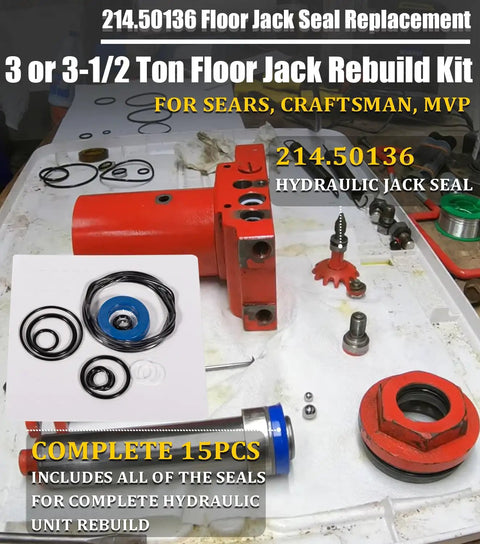 Floor Jack Seal Replacement Kit With O Ring For 3 Ton And 3 And A Half Ton Hydraulic Jacks Compatible With Sears Craftsman MVP And G 493LWM Rebuild Kit Includes All Seals For Complete Hydraulic System Rehab, components displayed on table with red cylinder.