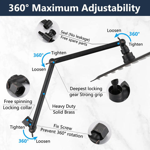 10 Inch Rain Shower Head With 16 Inch Adjustable Arm Extender, All Metal Square Showerhead in Oil Rubbed Bronze showing 360° adjustability