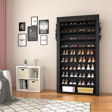 10 Tier Shoe Rack With Covers Large Capacity Stackable Tall Shoe Shelf Organizer For 50 To 55 Pairs Of Shoes And Boots in living room