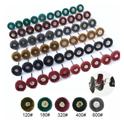 Premium Small Nylon Fiber Grinding Heads For Rotary Tool Buffing Set showing various sizes and colors to polish metal and deburr surfaces.