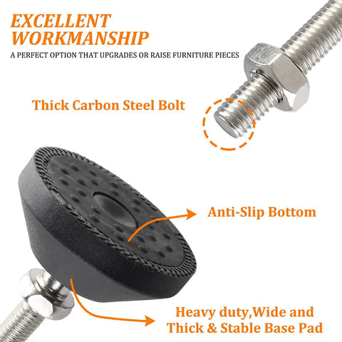 Heavy Duty Adjustable Leveling Feet With Grippy Rubber Cups To Square Up Wobbly Furniture M8 Thread Glides and Anti Skid Floor Pads, showing thick carbon steel bolt and anti-slip base.