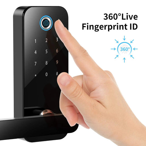 Keyless Bluetooth Smart Door Lock With Fingerprint Access And App Control showing fingerprint recognition in action.