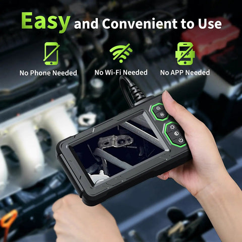 Hands using 4.3 Inch HD Endoscope Camera With Light For Pipes And Drains, 1920P Borescope With 8 LED Lights, IP67 device.