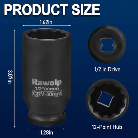 Beefy 30mm 12 Point Impact Socket For One Half Inch Drive Deep Well Axle Nut And Hub Lock Nut Removal with size details