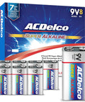 Top Shelf 9V Alkaline Batteries 8 Pack Packed With Serious Long Lasting Juice For Home Gear And Office Gadgets Tossed In A Nifty Reclosable Bag With Seven Year Shelf Life, featuring 8 super alkaline batteries in a boxed set.