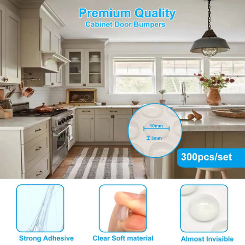 300 Pack Clear Cabinet Bumpers Self Adhesive Rubber Stopper Pads Silent Drawer Cushions For Kitchen Cupboards Stops Door Slamming Butter Smooth Operation, shown in kitchen setting.