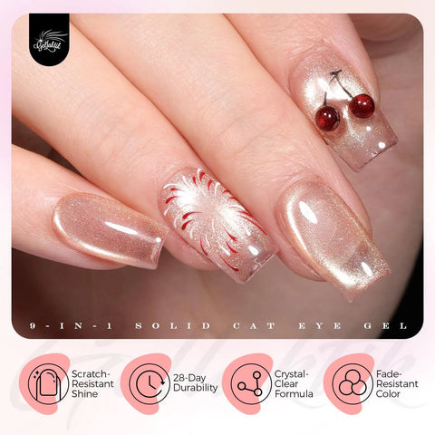 Close-up of nails with Nine Color Cat Eye Gel Polish Set With Magnetic Nail Kit Dope Holographic Shimmer Gel Strong Magnet.