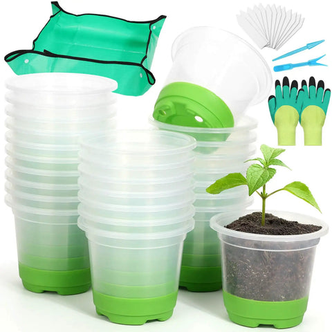 All In One Reusable Seed Starter Kit With 26 Clear 4 Inch Pots Silicone Base And Drainage For Easy Transplant Includes Repotting Mat Gardening Gloves 26 Plant Labels And 2 Seedling Tools For A Green Thumb Friendly Garden on display