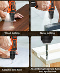 12V Cordless Drill Driver Kit With Three Eighths Inch Keyless Chuck Battery Drill Set shown in wood, metal, ceramic drilling, and assembly use