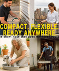 Collage showing use of three foot leader hose for garden reels and outdoor faucets with flexible PVC and brass fittings