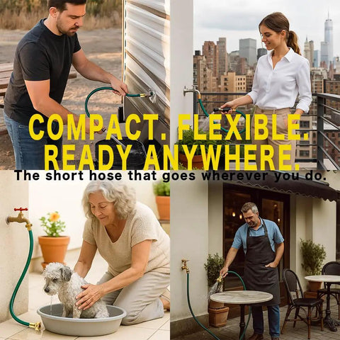 Collage showing use of three foot leader hose for garden reels and outdoor faucets with flexible PVC and brass fittings