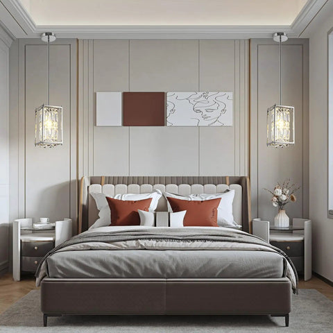 Bedroom interior with Totally Modern Raindrop Crystal Pendant Light For Kitchen Island With K9 Crystals And Chrome Frame Adjustable Height