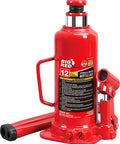 Front view of red Torin BIG RED 12-ton hydraulic welded bottle jack with detachable handle