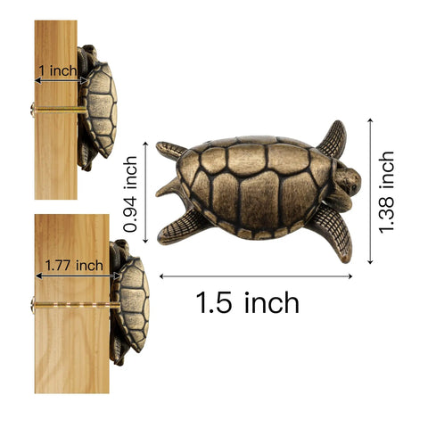 Hidden Turtle Knobs Four Pack With Screws Nautical Beach Theme Drawer Pulls Bronze Finish 1.5 inch shown in size comparison