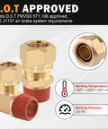 Two brass union air brake fittings, DOT approved, with visible 3/4 and 5/8 inch markings for nylon tubing connections.