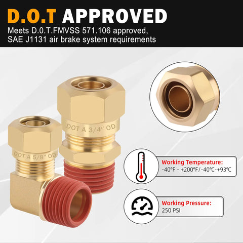 Two brass union air brake fittings, DOT approved, with visible 3/4 and 5/8 inch markings for nylon tubing connections.